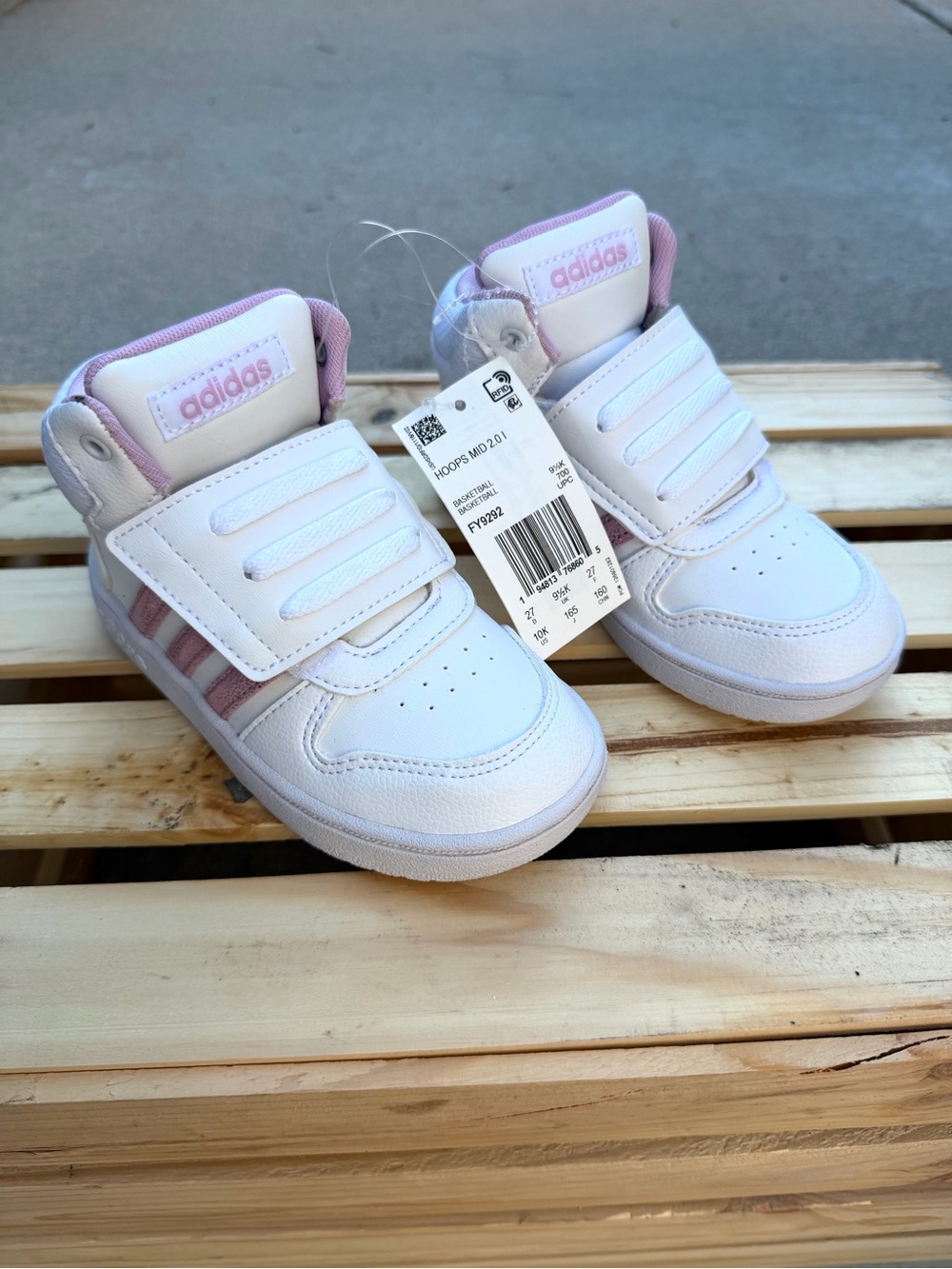 adidas Kids White and Pink High-Top Sneakers with Hook-and-Loop Straps